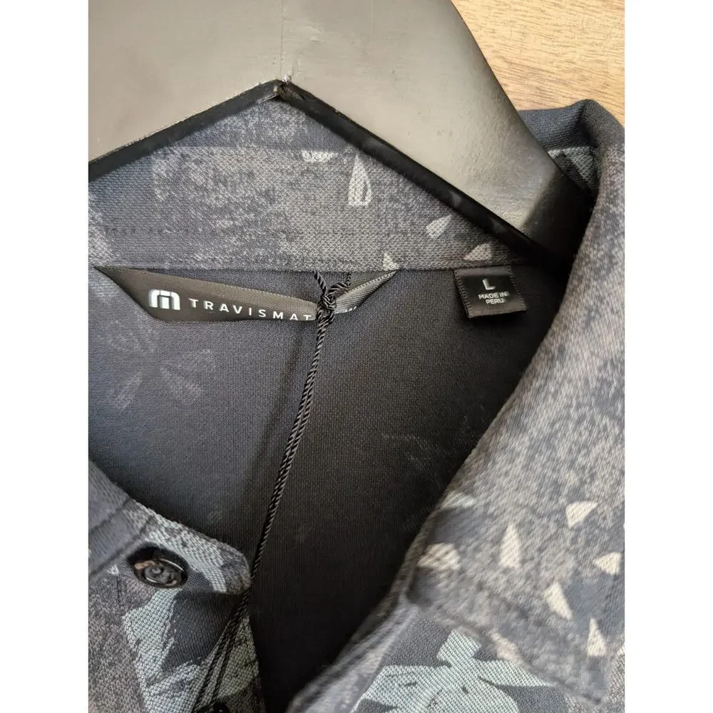 Travis Mathew Trek Tide Polo Shirt Mens Large Black Floral Golf Performance NWT - Picture 3 of 5